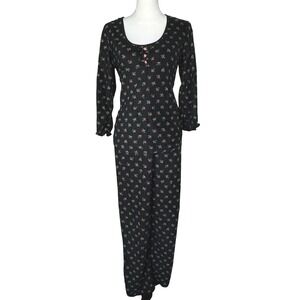 BETSEY JOHNSON Womens Small Black Pink Floral Soft Fleece Long Sleeve Pajama Set